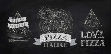 Pizza symbol, icons and a slice of pizza with the inscription Italian stylized drawing with chalk on the blackboard のイラスト素材
