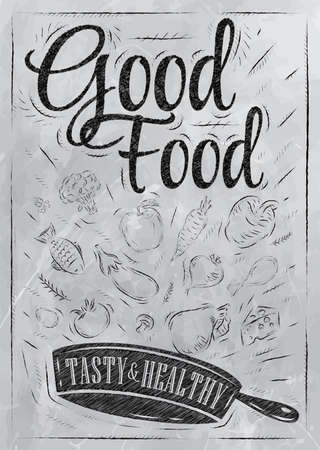 Poster good food with frying pan in which the products fly stylized drawing with coal on blackboard   のイラスト素材
