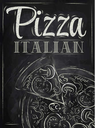 Poster with pizza and a slice of pizza with the inscription Italian pizza stylized drawing with chalk on the blackboard のイラスト素材