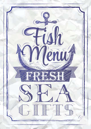 Poster Fish menu fresh sea gifts in retro style stylized drawing of a blue pen on a crumpled paper blackboard のイラスト素材