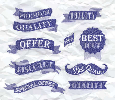 Set of retro ribbons and labels with text quality and best offer, premium, stylized drawing of a blue pen on a crumpled paper のイラスト素材