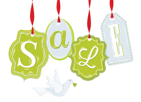labels of various forms with text Sale in green with a red ribbon with a blue with a branch in its beakのイラスト素材