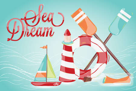 Composition on the marine theme with a lighthouse, ships, sailboats, oars bottle with a messageのイラスト素材