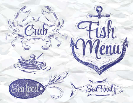 Set collection of seafood and fish menu with crab fisherman and fish and anchor baited hook and stylized for the drawing inkのイラスト素材