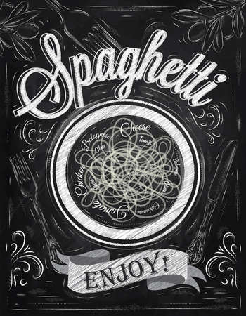 Poster lettering spaghetti enjoy  in retro style stylized drawing with chalk on blackboard  のイラスト素材