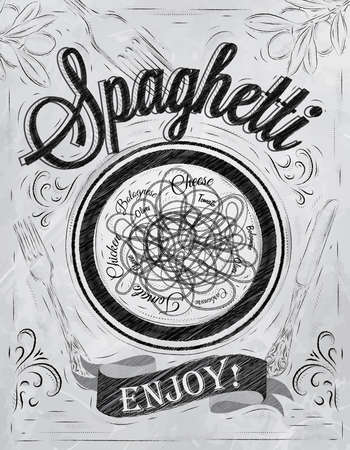 Poster lettering spaghetti enjoy  in retro style stylized drawing with inscription coal のイラスト素材