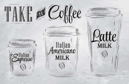 Set of Coffee drinking cup sizes in vintage style stylized drawing with coal on blackboard  のイラスト素材