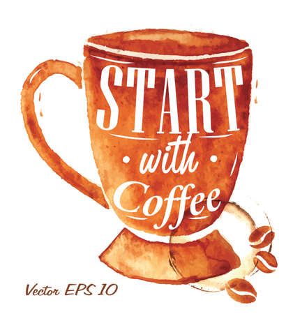 Big cup drawn pour coffee with the inscription Start with coffee with splashes and blots prints Cup のイラスト素材