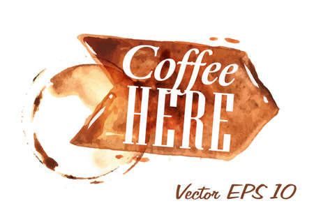Pointer drawn pour coffee with the inscription coffee here with splashes and blots prints Cupのイラスト素材