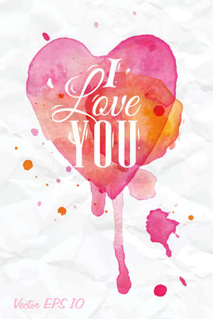 Watercolor Valentines Day Heart lettering I love you in pink, red and orange color on light background  のイラスト素材