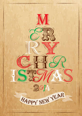 Merry Christmas lettering tree from letters stylized for the drawing on kraft paper of red, brown, white, green  のイラスト素材