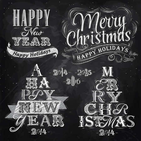 Merry Christmas and New Year lettering collection of Christmas tree from letters stylized for the drawing with chalk on the blackboard のイラスト素材