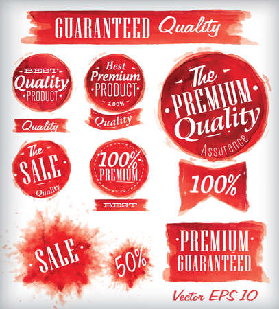 Set of watercolor Old Premium Quality Badges collection stylized watercolor brush strokes of redのイラスト素材