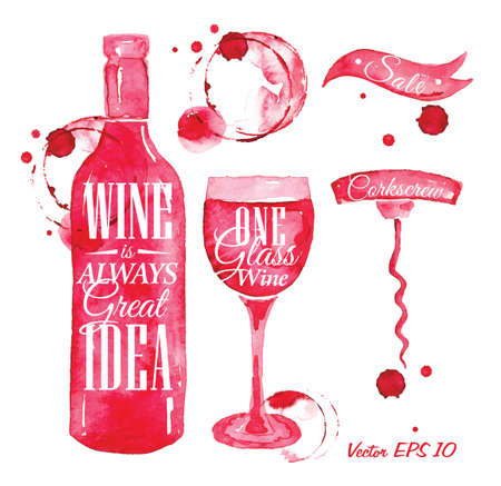 Pointer drawn pour wine with the inscription wine is always good idea with splashes and blots prints bottle, of wine, glass, a corkscrew のイラスト素材