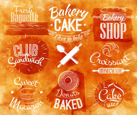 Bakery characters in retro style lettering donuts, croissants, macaron, stylized in retro in watercolor backgroundのイラスト素材