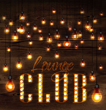 Vintage poster lounge club glowing lights on wood background in retro stylesのイラスト素材
