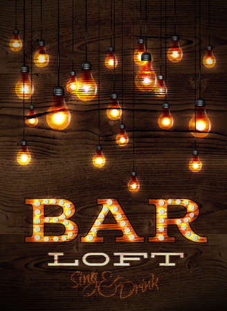 Vintage poster bar loft glowing lights on wood background in retro stylesのイラスト素材