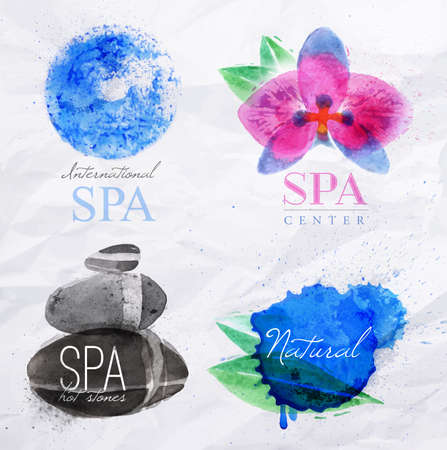 Set of symbols icons spa natural stones symbols orchid water droplets stylized watercolor paintingのイラスト素材