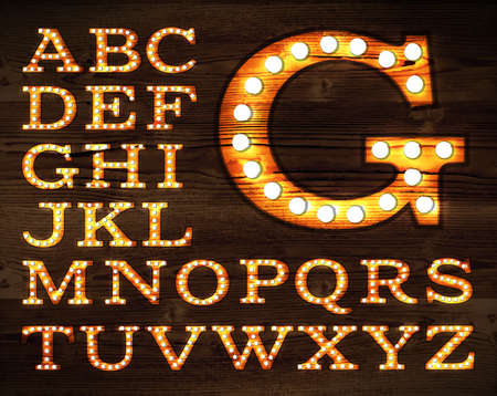 letters in retro style old lamp alphabet for light board on wood background.のイラスト素材