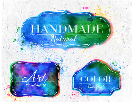 Set watercolor labels design elements, vintage frame handmade aquarelle overlayのイラスト素材