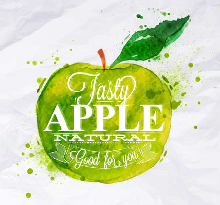 Poster with green watercolor apple lettering tasty apple natural good for youのイラスト素材