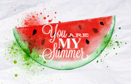 Poster with red watercolor watermelon lettering you are my summerのイラスト素材
