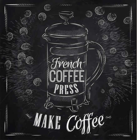 Poster lettering French coffee press make coffee in retro style stylized drawing with chalkのイラスト素材