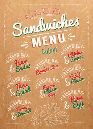 Sandwiches menu the names of sandwiches , ham swiss, chicken cheese, tuna salad, bbq cheese, ham egg, pepper cheese eeg, turkry roasted design a menu stylized drawing on kraftのイラスト素材