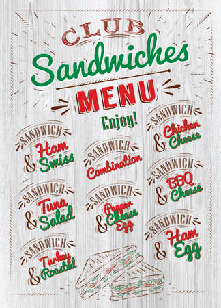 Sandwiches menu the names of sandwiches , ham swiss, chicken cheese, tuna salad, bbq cheese, ham egg, pepper cheese eeg, turkry roasted design a menu stylized drawing in woodのイラスト素材