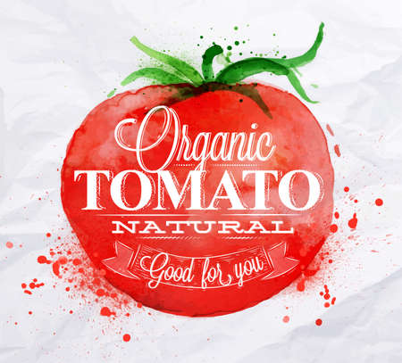 Poster with red watercolor tomato lettering organic tomato natural good for youのイラスト素材