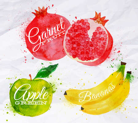 Fruit set drawn watercolor blots and stains with a spray banana, pomegranate, apple greenのイラスト素材