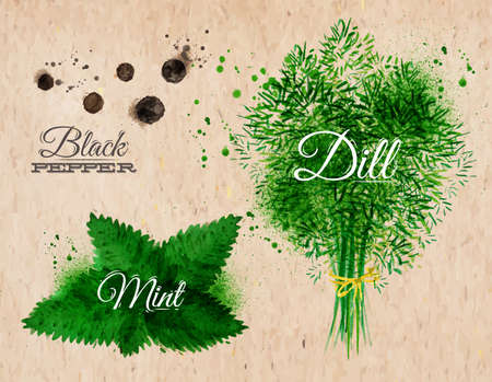 Spices herbs set drawn watercolor blots and stains with a spray black pepper, mint, dill on kraft paperのイラスト素材