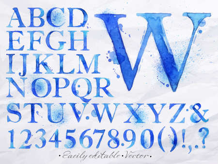 Alphabet set drawn watercolor blots and stains with a spray blue color  Easily editable  Vectorのイラスト素材