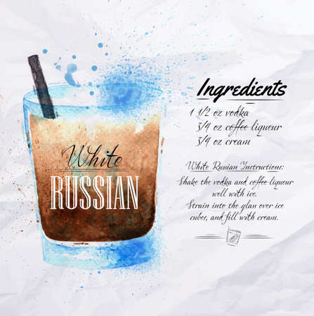 White  Russian cocktails drawn watercolor blots and stains with a spray, including recipes and ingredients on the background of crumpled paperのイラスト素材