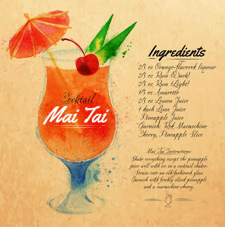 Mai Tai cocktails drawn watercolor blots and stains with a spray, including recipes and ingredients on the background of kraftのイラスト素材