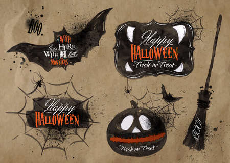 Halloween set symbols lettering kraftのイラスト素材