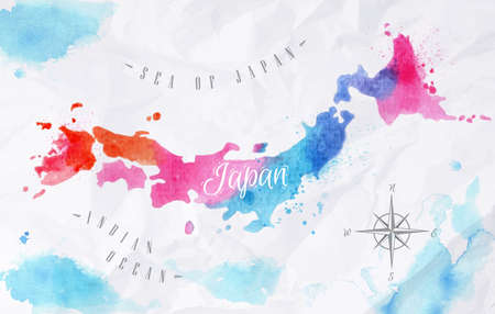 Watercolor map Japan pink blueのイラスト素材