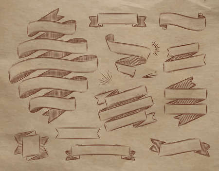 Set ribbons in vintage style stylized drawing on kraft paperのイラスト素材
