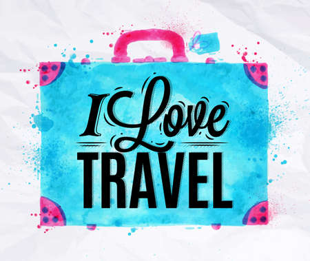 Suitcase watercolors poster hand drawn with stains and smudges I love travelのイラスト素材