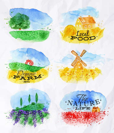 Watercolor landscapes symbols wheat fields of poppies, lavender, herbs with miniature houses mill and a tractor with lettering organic farm, local food, the nature lifeのイラスト素材