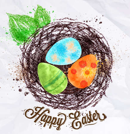 Happy easter poster nest with eggs painted in pastel colored stylized kids styleのイラスト素材