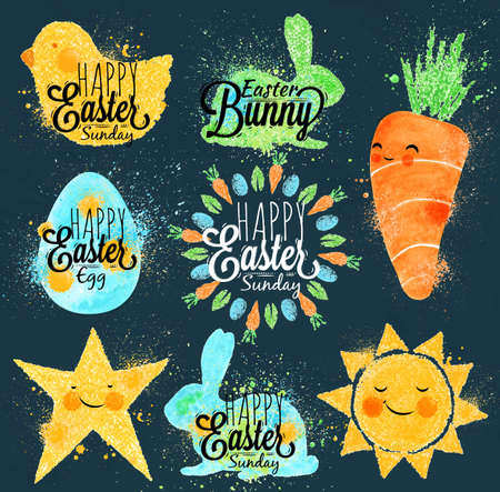 Happy easter symbols painted pastel colored stylized kids styleのイラスト素材