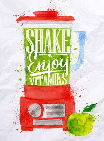 Poster with red blender with lettering shake enjoy vitamins watercolor painted on crumpled paperのイラスト素材