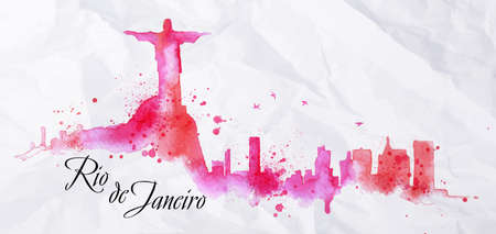 Silhouette Rio de Janeiro city watercolor painted with spray droplets with streaks landmarks in pink and purple colorsのイラスト素材