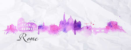 Silhouette Rome city painted in watercolor with spray droplets with streaks landmarks in pink and purple colors