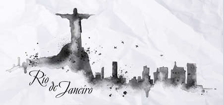Silhouette Rio de Janeiro city ink painted with spray droplets with streaks landmarks drawing in black ink on crumpled paperのイラスト素材