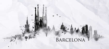 Silhouette Barcelona city painted with splashes of ink drops streaks landmarks drawing in black ink on crumpled paperのイラスト素材
