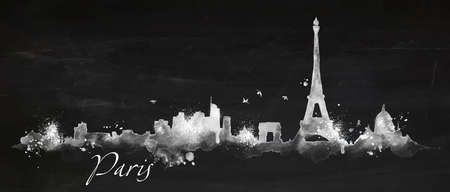 Silhouette Paris city painted with splashes of chalk drops streaks landmarks drawing with chalk on blackboardのイラスト素材