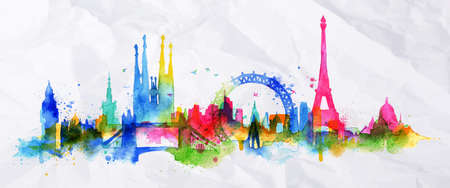 Silhouette overlay city with splashes of watercolor drops streaks landmarks in pink with orange tonesのイラスト素材