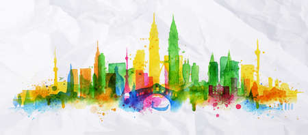 Silhouette overlay city painted with splashes of watercolor drops streaks landmarks with a yellow-green colorsのイラスト素材